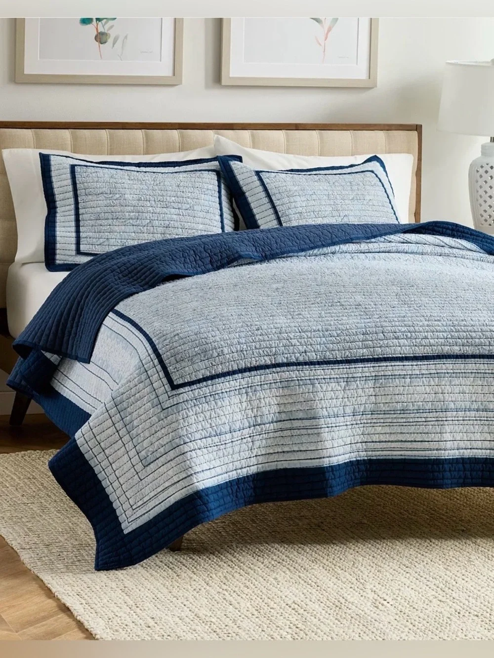 NWT Navy and Light Blue Quilted Twin Bedspread Set - Classic Stripe
